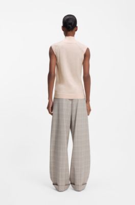 Sleeveless top in merino wool with mock neckline, Natural