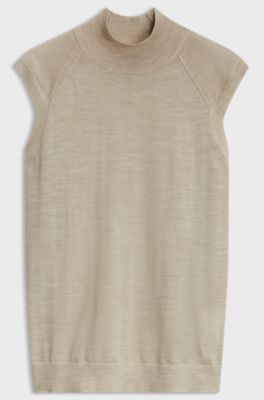 Maglione a lupetto in lana merino senza maniche, Beige chiaro