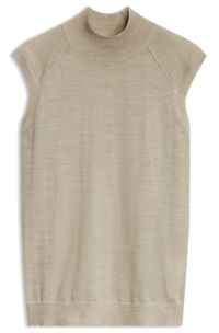 Sleeveless mock-neck sweater in merino wool, Light Beige