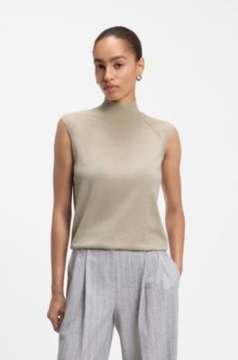 Maglione a lupetto in lana merino senza maniche, Beige chiaro