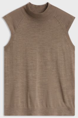 Sleeveless mock-neck sweater in merino wool, Brown