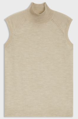 Top sans manches en laine m&eacute;rinos &agrave; col montant, Beige clair