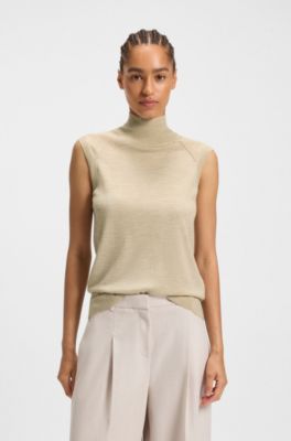 Sleeveless mock-neck sweater in merino wool, Light Beige