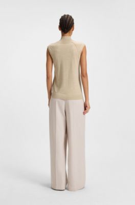 Top sans manches en laine m&eacute;rinos &agrave; col montant, Beige clair