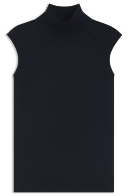 Sleeveless top in merino wool with mock neckline, Dark Blue