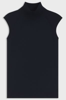 Sleeveless top in merino wool with mock neckline, Dark Blue