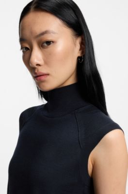 Sleeveless top in merino wool with mock neckline, Dark Blue