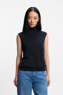 Sleeveless top in merino wool with mock neckline, Dark Blue