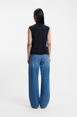 Sleeveless top in merino wool with mock neckline, Dark Blue