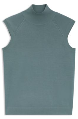 Sleeveless top in merino wool with mock neckline, Blue