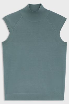 Sleeveless top in merino wool with mock neckline, Blue