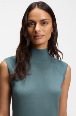 Sleeveless top in merino wool with mock neckline, Blue