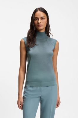 Sleeveless top in merino wool with mock neckline, Blue