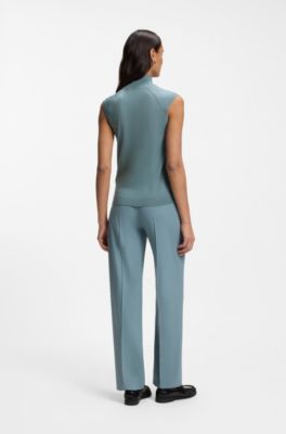 Sleeveless top in merino wool with mock neckline, Blue