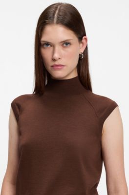 Sleeveless mock-neck sweater in merino wool, Brown