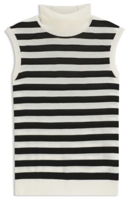 Sleeveless top in merino wool with mock neckline, White / Black
