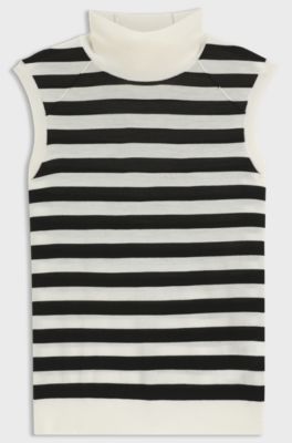 Sleeveless top in merino wool with mock neckline, White / Black
