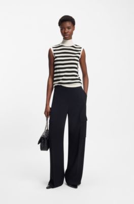 Sleeveless top in merino wool with mock neckline, White / Black