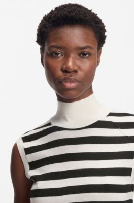 Sleeveless top in merino wool with mock neckline, White / Black