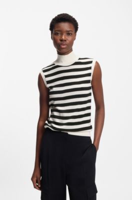 Sleeveless mock-neck sweater in virgin wool, White / Black