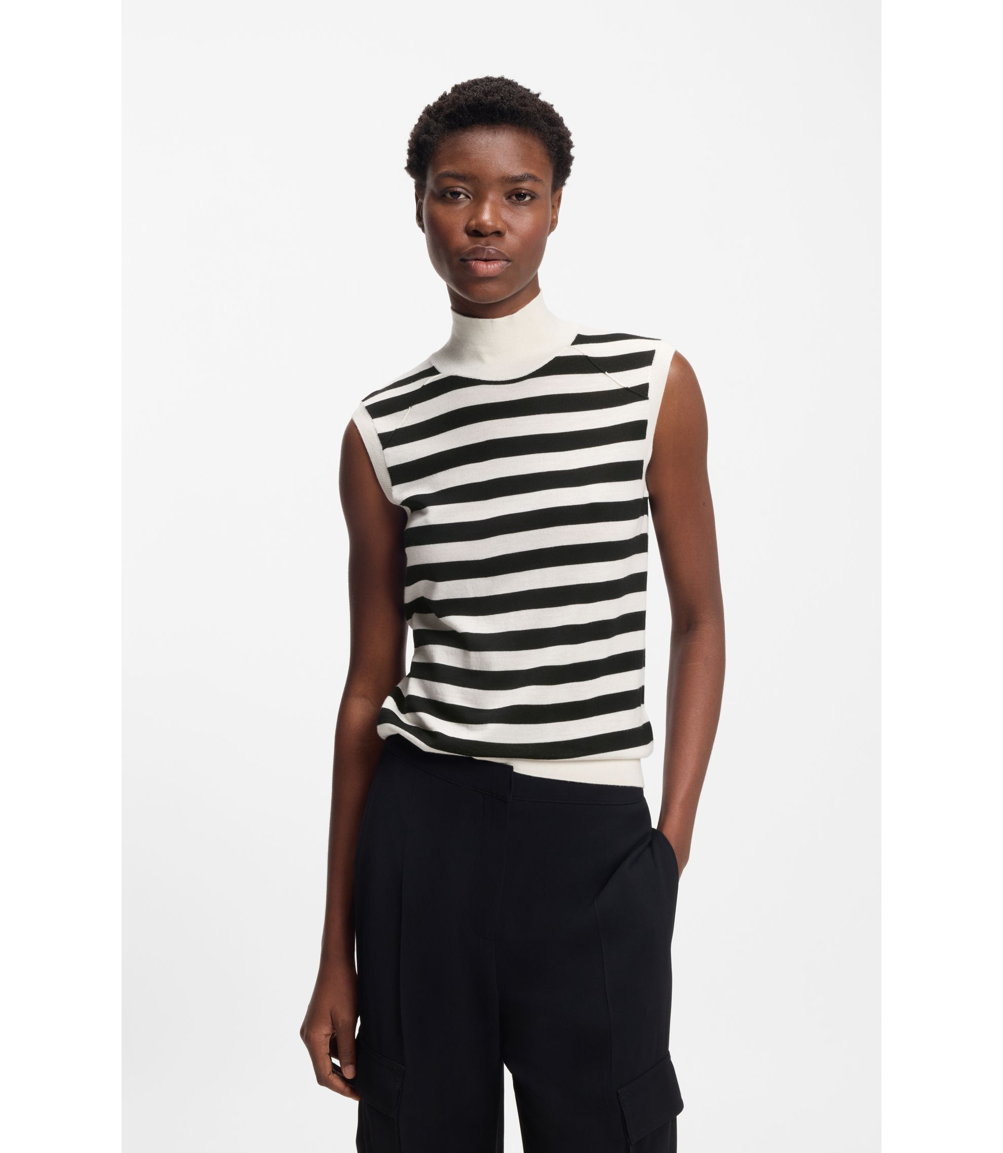 BOSS - Sleeveless top in merino wool with mock neckline - White