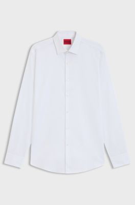 Camicia slim fit in cotone a spina di pesce, Bianco