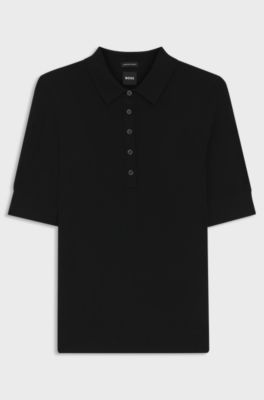 Short-sleeved sweater in merino wool with polo collar, Black