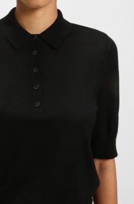Maglione a maniche corte in lana merino con colletto polo, Nero
