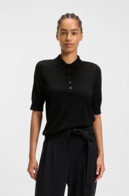 Short-sleeved sweater in merino wool with polo collar, Black