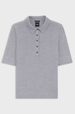 Short-sleeved sweater in merino wool with polo collar, Light Grey