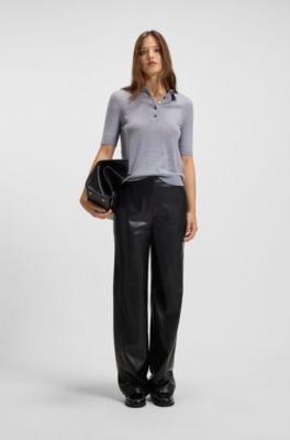 Sweter z&nbsp;wełny merino z&nbsp;kr&oacute;tkim rękawem i&nbsp;kołnierzykiem polo, Jasnoszary