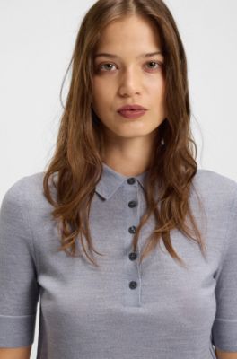 Sweter z&nbsp;wełny merino z&nbsp;kr&oacute;tkim rękawem i&nbsp;kołnierzykiem polo, Jasnoszary