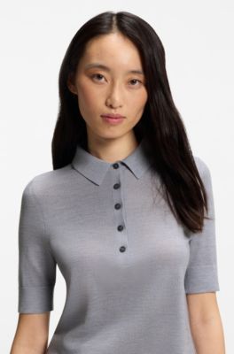 Sweater med korte &aelig;rmer i merinould med polokrave, Lysegr&aring;