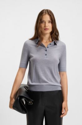 Sweter z&nbsp;wełny merino z&nbsp;kr&oacute;tkim rękawem i&nbsp;kołnierzykiem polo, Jasnoszary