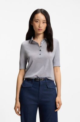 Maglione a maniche corte in lana merino con colletto polo, Grigio chiaro