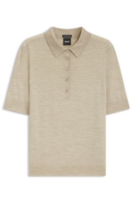 Sweter z&nbsp;wełny merino z&nbsp;kr&oacute;tkim rękawem i&nbsp;kołnierzykiem polo, Jasnobeżowy