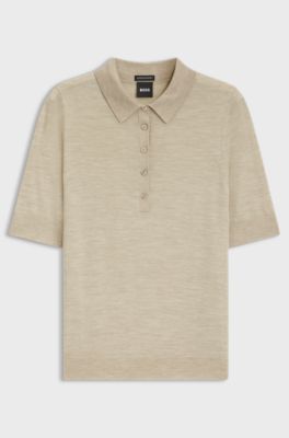 Short-sleeved sweater in merino wool with polo collar, Light Beige