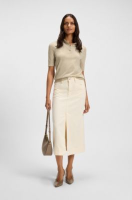 Maglione a maniche corte in lana merino con colletto polo, Beige chiaro