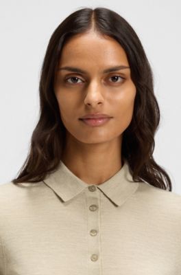 Short-sleeved sweater in merino wool with polo collar, Light Beige