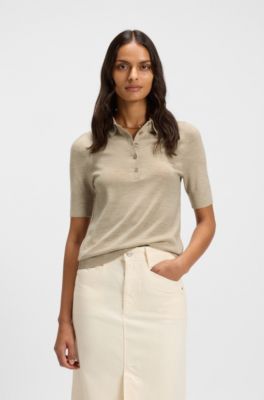 Sweater med korte &aelig;rmer i merinould med polokrave, Lys beige