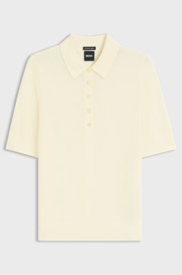 Short-sleeved sweater in merino wool with polo collar, Light Beige
