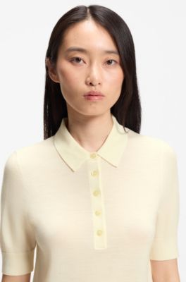 Short-sleeved sweater in merino wool with polo collar, Light Yellow