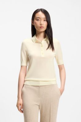 Short-sleeved sweater in merino wool with polo collar, Light Yellow