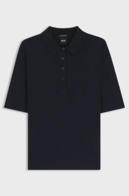 Kurz&auml;rmeliger Pullover aus Merinowolle mit Polokragen, Dunkelblau