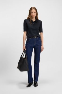 Short-sleeved sweater in merino wool with polo collar, Dark Blue