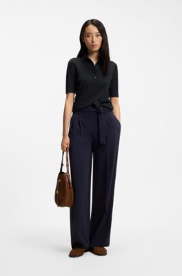 Maglione a maniche corte in lana merino con colletto polo, Blu scuro