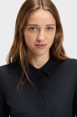 Short-sleeved sweater in merino wool with polo collar, Dark Blue