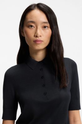 Maglione a maniche corte in lana merino con colletto polo, Blu scuro