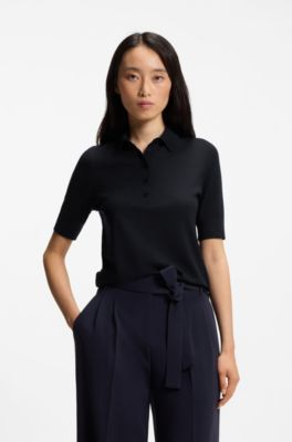 Short-sleeved sweater in merino wool with polo collar, Dark Blue