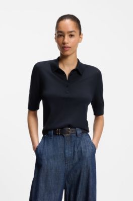 Kurz&auml;rmeliger Pullover aus Merinowolle mit Polokragen, Dunkelblau